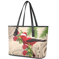 Christmas Hawaii with I'iwi Bird Leather Tote Bag Aloha Mele Kalikimaka - Beige Art