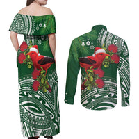 Christmas Hawaii with I'iwi Bird Couples Matching Off Shoulder Maxi Dress and Long Sleeve Button Shirt Aloha Mele Kalikimaka - Green Art