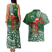 Christmas Hawaii with I'iwi Bird Couples Matching Tank Maxi Dress and Hawaiian Shirt Aloha Mele Kalikimaka - Green Art