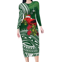 Christmas Hawaii with I'iwi Bird Family Matching Long Sleeve Bodycon Dress and Hawaiian Shirt Aloha Mele Kalikimaka - Green Art
