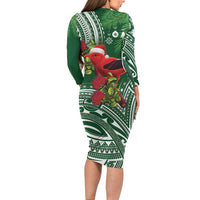 Christmas Hawaii with I'iwi Bird Long Sleeve Bodycon Dress Aloha Mele Kalikimaka - Green Art