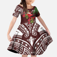 Christmas Hawaii with I'iwi Bird Family Matching Long Sleeve Bodycon Dress and Hawaiian Shirt Aloha Mele Kalikimaka - Oxblood Art LT9 Daughter's Dress Oxblood - Polynesian Pride