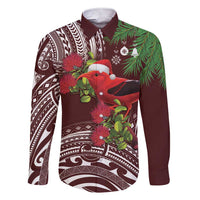 Christmas Hawaii with I'iwi Bird Family Matching Short Sleeve Bodycon Dress and Hawaiian Shirt Aloha Mele Kalikimaka - Oxblood Art LT9 Dad's Shirt - Long Sleeve Oxblood - Polynesian Pride