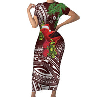 Christmas Hawaii with I'iwi Bird Family Matching Short Sleeve Bodycon Dress and Hawaiian Shirt Aloha Mele Kalikimaka - Oxblood Art LT9 Mom's Dress Oxblood - Polynesian Pride