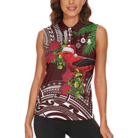 Christmas Hawaii with I'iwi Bird Women Sleeveless Polo Shirt Aloha Mele Kalikimaka - Oxblood Art