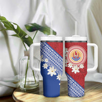 French Polynesia Tumbler With Handle Tahitian Tiare Flowers Tribal