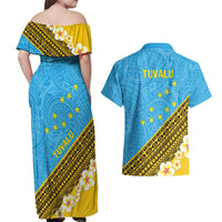 Tuvalu Plumeria Flowers Couples Matching Off Shoulder Maxi Dress and Hawaiian Shirt Polynesian Tribal Pattern