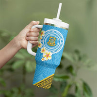 Tuvalu Plumeria Flowers Tumbler With Handle Polynesian Tribal Pattern