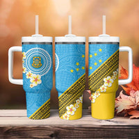 Tuvalu Plumeria Flowers Tumbler With Handle Polynesian Tribal Pattern