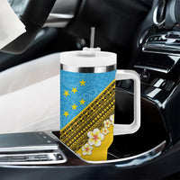 Tuvalu Plumeria Flowers Tumbler With Handle Polynesian Tribal Pattern