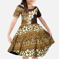 Vintage Hibiscus Turtle Pattern Family Matching Long Sleeve Bodycon Dress and Hawaiian Shirt with Plumeria Half Style LT9 Daughter's Dress Gold - Polynesian Pride