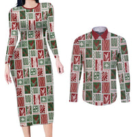 Mele Kalikimaka Hawaiian Quilt and Lei Patchwork Couples Matching Long Sleeve Bodycon Dress and Long Sleeve Button Shirt - Polynesian Pride