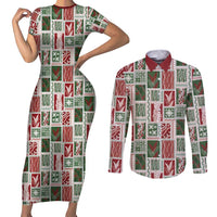 Mele Kalikimaka Hawaiian Quilt and Lei Patchwork Couples Matching Short Sleeve Bodycon Dress and Long Sleeve Button Shirt - Polynesian Pride