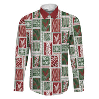 Mele Kalikimaka Hawaiian Quilt and Lei Patchwork Family Matching Off The Shoulder Long Sleeve Dress and Hawaiian Shirt LT9 Dad's Shirt - Long Sleeve Red - Polynesian Pride