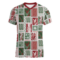 Mele Kalikimaka Hawaiian Quilt and Lei Patchwork Women V-Neck T-Shirt - Polynesian Pride