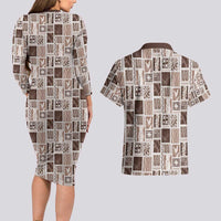 Vintage Aloha Block Quilt Couples Matching Long Sleeve Bodycon Dress and Hawaiian Shirt Beige Inspired Lei Motifs LT9 - Polynesian Pride