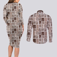 Vintage Aloha Block Quilt Couples Matching Long Sleeve Bodycon Dress and Long Sleeve Button Shirt Beige Inspired Lei Motifs - Polynesian Pride