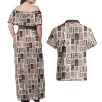 Vintage Aloha Block Quilt Couples Matching Off Shoulder Maxi Dress and Hawaiian Shirt Beige Inspired Lei Motifs LT9 - Polynesian Pride