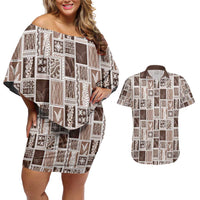 Vintage Aloha Block Quilt Couples Matching Off Shoulder Short Dress and Hawaiian Shirt Beige Inspired Lei Motifs LT9 Beige - Polynesian Pride