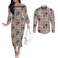Vintage Aloha Block Quilt Couples Matching Off The Shoulder Long Sleeve Dress and Long Sleeve Button Shirt Beige Inspired Lei Motifs - Polynesian Pride