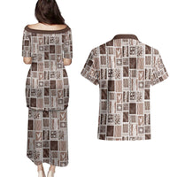 Vintage Aloha Block Quilt Couples Matching Puletasi and Hawaiian Shirt Beige Inspired Lei Motifs - Polynesian Pride