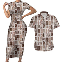 Vintage Aloha Block Quilt Couples Matching Short Sleeve Bodycon Dress and Hawaiian Shirt Beige Inspired Lei Motifs - Polynesian Pride