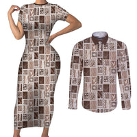 Vintage Aloha Block Quilt Couples Matching Short Sleeve Bodycon Dress and Long Sleeve Button Shirt Beige Inspired Lei Motifs - Polynesian Pride