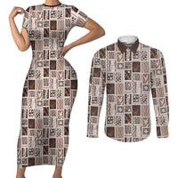 Vintage Aloha Block Quilt Couples Matching Short Sleeve Bodycon Dress and Long Sleeve Button Shirt Beige Inspired Lei Motifs LT9 Beige - Polynesian Pride