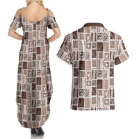 Vintage Aloha Block Quilt Couples Matching Summer Maxi Dress and Hawaiian Shirt Beige Inspired Lei Motifs LT9 - Polynesian Pride