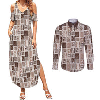 Vintage Aloha Block Quilt Couples Matching Summer Maxi Dress and Long Sleeve Button Shirt Beige Inspired Lei Motifs - Polynesian Pride
