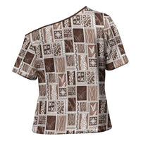 Vintage Aloha Block Quilt Cross Shoulder Shirt Beige Inspired Lei Motifs - Polynesian Pride
