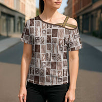 Vintage Aloha Block Quilt Cross Shoulder Shirt Beige Inspired Lei Motifs - Polynesian Pride