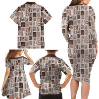 Vintage Aloha Block Quilt Family Matching Long Sleeve Bodycon Dress and Hawaiian Shirt Beige Inspired Lei Motifs LT9 - Polynesian Pride