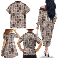 Vintage Aloha Block Quilt Family Matching Off The Shoulder Long Sleeve Dress and Hawaiian Shirt Beige Inspired Lei Motifs LT9 - Polynesian Pride
