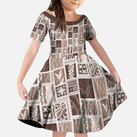 Vintage Aloha Block Quilt Family Matching Off Shoulder Maxi Dress and Hawaiian Shirt Beige Inspired Lei Motifs LT9 Daughter's Dress Beige - Polynesian Pride