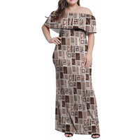 Vintage Aloha Block Quilt Family Matching Off Shoulder Maxi Dress and Hawaiian Shirt Beige Inspired Lei Motifs LT9 Mom's Dress Beige - Polynesian Pride