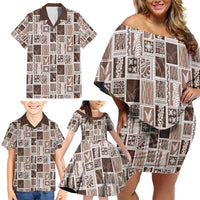 Vintage Aloha Block Quilt Family Matching Off Shoulder Short Dress and Hawaiian Shirt Beige Inspired Lei Motifs LT9 - Polynesian Pride