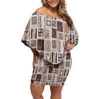 Vintage Aloha Block Quilt Family Matching Off Shoulder Short Dress and Hawaiian Shirt Beige Inspired Lei Motifs LT9 Mom's Dress Beige - Polynesian Pride