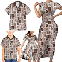 Vintage Aloha Block Quilt Family Matching Short Sleeve Bodycon Dress and Hawaiian Shirt Beige Inspired Lei Motifs LT9 - Polynesian Pride