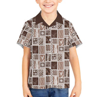 Vintage Aloha Block Quilt Family Matching Tank Maxi Dress and Hawaiian Shirt Beige Inspired Lei Motifs LT9 Son's Shirt Beige - Polynesian Pride