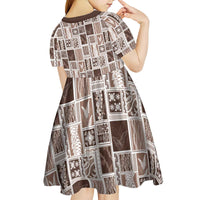 Vintage Aloha Block Quilt Kid Short Sleeve Dress Beige Inspired Lei Motifs - Polynesian Pride