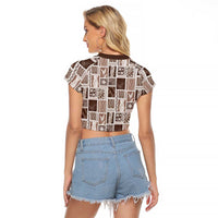 Vintage Aloha Block Quilt Raglan Cropped T Shirt Beige Inspired Lei Motifs - Polynesian Pride