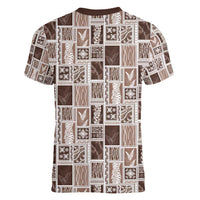 Vintage Aloha Block Quilt Women V-Neck T-Shirt Beige Inspired Lei Motifs - Polynesian Pride