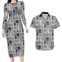 Vintage Aloha Block Quilt Couples Matching Long Sleeve Bodycon Dress and Hawaiian Shirt Black Inspired Lei Motifs LT9 Black - Polynesian Pride