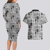 Vintage Aloha Block Quilt Couples Matching Long Sleeve Bodycon Dress and Hawaiian Shirt Black Inspired Lei Motifs - Polynesian Pride