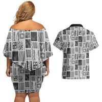 Vintage Aloha Block Quilt Couples Matching Off Shoulder Short Dress and Hawaiian Shirt Black Inspired Lei Motifs - Polynesian Pride