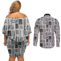 Vintage Aloha Block Quilt Couples Matching Off Shoulder Short Dress and Long Sleeve Button Shirt Black Inspired Lei Motifs - Polynesian Pride
