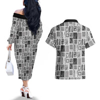 Vintage Aloha Block Quilt Couples Matching Off The Shoulder Long Sleeve Dress and Hawaiian Shirt Black Inspired Lei Motifs LT9 - Polynesian Pride