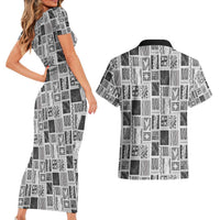 Vintage Aloha Block Quilt Couples Matching Short Sleeve Bodycon Dress and Hawaiian Shirt Black Inspired Lei Motifs LT9 - Polynesian Pride