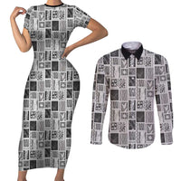 Vintage Aloha Block Quilt Couples Matching Short Sleeve Bodycon Dress and Long Sleeve Button Shirt Black Inspired Lei Motifs - Polynesian Pride